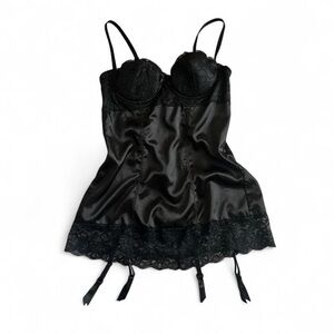 Frederick's of Hollywood Vintage Black Satin Lace Chemise with Garter Straps